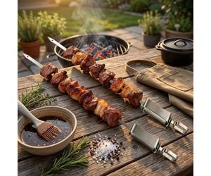 Brochetas reutilizables de acero inoxidable con diseño plano - Tenedores de barbacoa de fácil liberación para carne, mariscos y verduras - Accesorios de parrilla aptos para lavavajillas, 1 juego