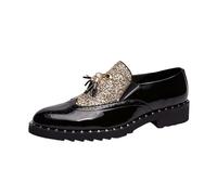 Brogues Hombre negro barniz lentejuelas oro Mocasines con pompones de clavos, bordado estilo inglés Punk Retro zapatos de piel moda suela cómoda para boda, fiesta, trajes de velada chic, dorado, 42 EU