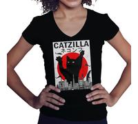 BroiderStudio Catzilla Japanese Sunset Style Meowzilla Kaiju Monster Camisa Negra de Cuello en V para Mujer Size XL
