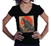 BroiderStudio Retro Japanese Kaiju Vintage Ocean Battleship Monster Camisa Negra de Cuello en V para Mujer Size S