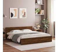 Brokky Cama 200x200 con cabecero y Luces LED Estructura Cama de Madera Cama Matrimonio con somier y Base Cama Juvenil-Marrón roble-200 x 200 cm