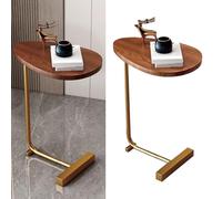 BROLEO Mesa auxiliar en forma de C, mesa auxiliar pequeña con marco de metal y grano de madera oscura para sofá y dormitorio (diseño plano y marco dorado)
