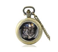 (Bronce) Un grupo de lobos bajo la luna, reloj de bolsillo vintage de cuarzo negro, collar con colgante