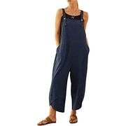 BRONG Overol para mujer, informal, holgado, de algodón y lino, con correas ajustables y bolsillos, azul, 4XL