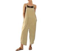 BRONG Overol para mujer, informal, holgado, de algodón y lino, con correas ajustables y bolsillos, caqui, 3XL