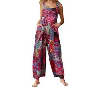 BRONG Overol para mujer, informal, holgado, de algodón y lino, con correas ajustables y bolsillos, Estampado B, XL