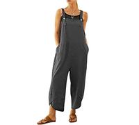 BRONG Overol para mujer, informal, holgado, de algodón y lino, con correas ajustables y bolsillos, gris, 5XL