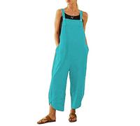 BRONG Overol para mujer, informal, holgado, de algodón y lino, con correas ajustables y bolsillos, Lago Azul, 3XL