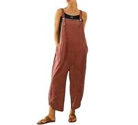 BRONG Overol para mujer, informal, holgado, de algodón y lino, con correas ajustables y bolsillos, rosso, M