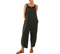 BRONG Overol para mujer, informal, holgado, de algodón y lino, con correas ajustables y bolsillos, verde, L