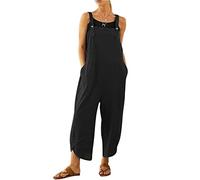 BRONG Salopette de mujer casual holgadas en suave algodón y lino, mono de mujer con tirantes ajustables con bolsillos, Negro , S