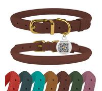 BRONZEDOG Collar de cuero enrollado para perro con placa de identificación por QR ajustable, collares redondos suaves para perros pequeños, medianos y grandes, cachorros y gatos (tamaño de cuello de