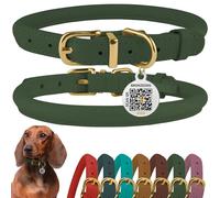 BronzeDog Collar de Cuero Enrollado para Perro con Placa de identificación por QR, Collares Redondos Suaves y Ajustables para Perros pequeños, medianos y Grandes (tamaño de Cuello de 14 a 16 Pulgadas