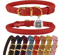 BronzeDog Collar de cuero enrollado para perro con placa de identificación por QR, collares redondos suaves y ajustables para perros pequeños, medianos y grandes (tamaño de cuello de 14 a 16 pulgadas