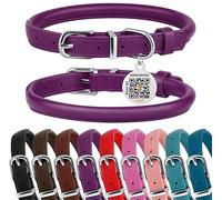 BRONZEDOG Collar de cuero enrollado para perros pequeños, medianos y grandes con etiqueta QR ID (16-18 pulgadas, ciruela)