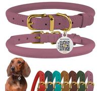 BRONZEDOG Collar de cuero enrollado, redondo, suave y ajustable con placa de identificación por QR para perro pequeño, mediano y grande, cachorro y gato (tamaño de cuello de 16 a 18 pulgadas, lavanda)