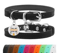 BRONZEDOG Collar de cuero para gato con campana, etiqueta QR para gatito no separable para niña niño (7 a 9 pulgadas para gatos, negro y plateado)