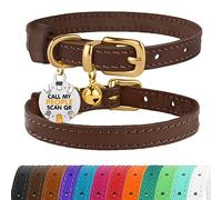 BRONZEDOG Collar de cuero para gato con campanas, etiqueta QR para gatito no separable para niña y niño (marrón oscuro y dorado, 23-28 cm)
