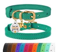 BRONZEDOG Collar de cuero para gato con campanas, etiqueta QR para gatito no separable para niña y niño (verde y dorado, 18-23 cm