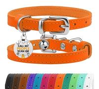 BRONZEDOG Collar de cuero para gato con cascabel, etiqueta QR para gatito no separable para niñas y niños (gatos y perros pequeños de 9 a 11 pulgadas, naranja y plateado)