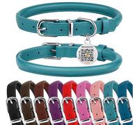 BRONZEDOG Collar de perro de cuero enrollado duradero con hebilla de metal redondo para perros pequeños, medianos y grandes, cachorros, negro y marrón (17 - 19 pulgadas, azulado)