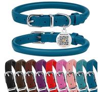 BRONZEDOG Collar de perro de cuero enrollado para perros pequeños, medianos y grandes con etiqueta de identificación QR (XS: 9-11 pulgadas, azul océano)
