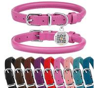 BRONZEDOG Collar de perro de cuero enrollado para perros pequeños, medianos y grandes con etiqueta de identificación QR (S: 12-14 pulgadas, rosa intenso)