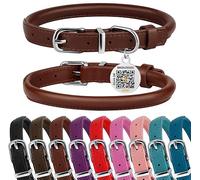 BRONZEDOG Collar de perro de cuero enrollado para perros pequeños, medianos y grandes con etiqueta de identificación QR (M: 14-16 pulgadas, marrón chocolate)