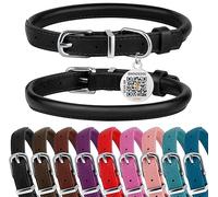 BRONZEDOG Collar de perro de cuero enrollado para perros pequeños, medianos y grandes con etiqueta de identificación QR (L: 16-18 pulgadas, negro brillante)