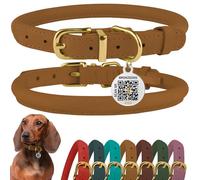 BRONZEDOG Collar de piel enrollada para perro con etiqueta de identificación QR collares redondos flexibles ajustables para perros pequeños medianos grandes y gatos (marrón claro, 35-41 cm)
