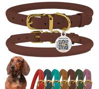 BRONZEDOG Collar de piel enrollada para perro con etiqueta de identificación QR collares redondos flexibles ajustables para perros pequeños medianos grandes y cachorro gato (Cognac, 23-28 cm)