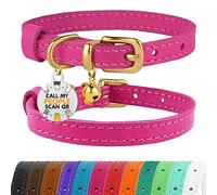 BRONZEDOG Collar de piel para gato con etiqueta QR-ID extraíble, collar de gatito con campanas, no se rompe, para niñas y niños (23-28 cm, rosa y dorado)