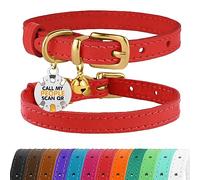 BRONZEDOG Collar de piel para gato con placa QR-ID extraíble, collar para gatitos con cascabeles, no antiestrangulamiento, para hembras y machos (rojo y dorado, 23-28 cm)