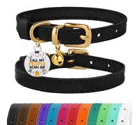 BRONZEDOG Collar de piel para gato con placa QR-ID extraíble, collar para gatitos con cascabeles, no estrangulamiento, para hembras y machos (negro y dorado, 23-28 cm)