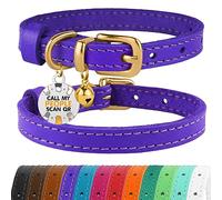 BRONZEDOG Collar de piel para gatos con etiqueta QR-ID extraíble, collar para gatitos con cascabeles que no se desprende, para hembras y machos (23-28 cm, morado y dorado)