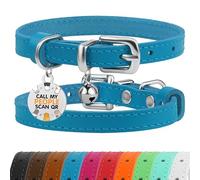 BRONZEDOG Collar para gatos de piel con medalla QR-ID extraíble - Collar para gatito con cascarillas, no antiestrangulamiento, para mujeres y machos (azul y plateado, 18-22 cm)