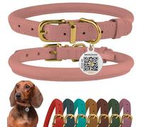 BRONZEDOG Collar para perro de piel enrollada con etiqueta QR ID ajustable, collares suaves y redondos para perros pequeños, medianos y grandes, cachorros, gatos (rosa, 35-41 cm)