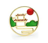 Brooches Pin Ladies Fashion Accessories Enamel Pavilion Landscape Brooch Ladies Round Party Brooch Cardigan Jacket Coat Brooch Brooch (Green)