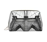 Brooklyn Bridge Print - Neceser de cuero de primera calidad con bolsa portátil impermeable y abierta para maquillaje, Gold, Talla única