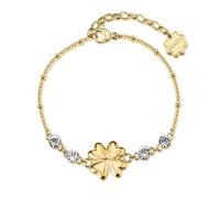 Brosway Pulsera para mujer de la colección Chakra. Pulsera de acero 316L con acabado PVD oro de 14 quilates con trébol de cuatro hojas y cristales blancos. El cierre es de mosquetón.