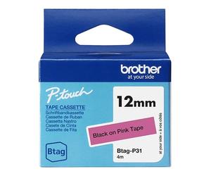Brother Btag-P31 cinta no laminada negro sobre rosa 12 mm