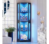 BROTTAR Vitrina de cristal de esquina de 65 pulgadas con luces LED, vitrina de 4 niveles con puertas de vidrio y sensor de cuerpo humano para coleccionables, licor, negro