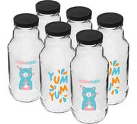 Browin 631331 Botellas de Cristal de 330 ml con Tapón de Rosca TO43 - Para Zumo, Leche con Impresión y Bonitos Diseños - 6 Unidades