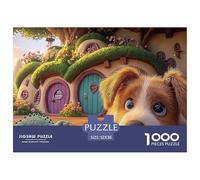 Brown and White Puppy 1000 Piezas Cartón Rompecabezas Mountain Village Liberador De Estrés Juego Familiar Puzzle para Niños Pequeños 52x38cm/1000pcs