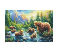 Brown Bear Mother and Cubs Puzzles 1000 Piezas Obra De Arte 3D Familiar Premium Rompecabezas para Adultos Aliviar Estrés Decoración Hogar Moderno DIY 1000 PCS