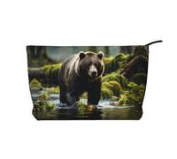 Brown Bear Pounce - Bolsa de cosméticos de pana para mujer, cartera portátil con cremallera, adecuada para viajes y almacenamiento diario de cosméticos, color negro, talla única