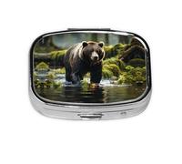 Brown Bear Pounce - Caja de almacenamiento de pastillas cuadrada de viaje, mini pastillero portátil (pastillero de 2 compartimentos), caja de almacenamiento de medicamentos y vitaminas