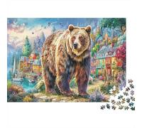Brown Bear Rompecabezas de Papel Grueso Oso en Pueblo Colorido Junto al Agua, Pack Regalo de Rompecabezas contra el aburrimiento 52x38cm/1000 Piezas