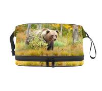 Brown Bear Walking Around Lake - Neceser de doble capa para mujeres y niñas, neceser de viaje, bolsa organizadora de maquillaje con compartimento para brochas, multicolor, 27x15x14 cm/10.6x5.9x5.5 in,