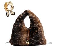 Brown Deer Print Dumpling Bag for Women, Fall Faux Fur Animal Handbag, Retro Plush Large Capacity Chain Shoulder Bag